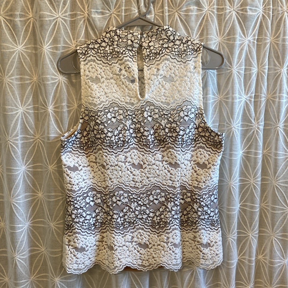 Sleeveless Lace Overlay High-Neck Top - White & Brown - Picture 4 of 13